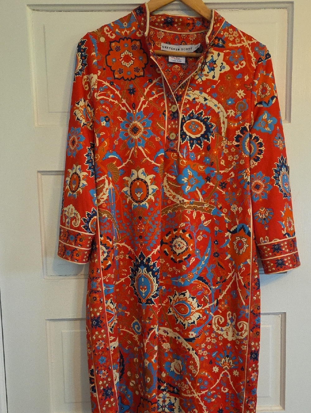 Gretchen Scott Designs Red Floral Paisley Long Sleeve Shift Dress LARGE